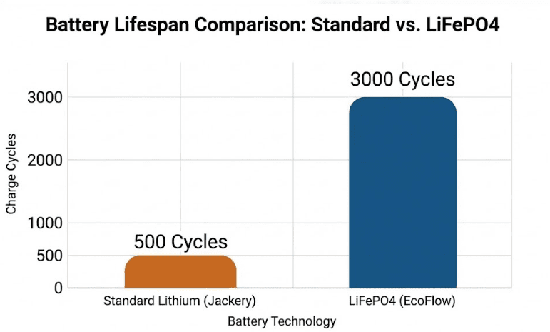 LiFePO4 vs Lithium-NMC battery cycle life comparison chart.