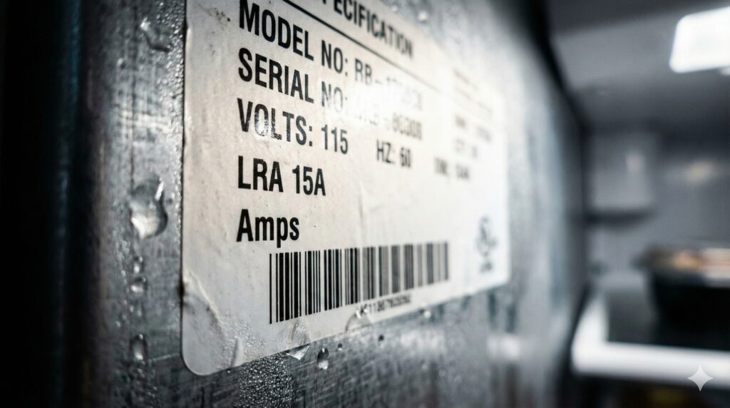 Locked Rotor Amps (LRA) rating sticker on refrigerator.