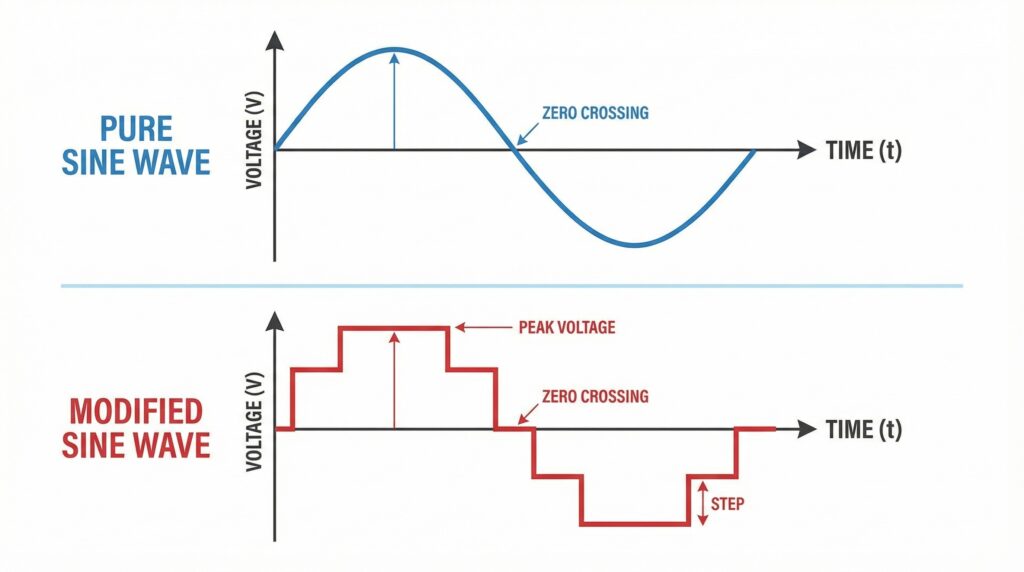 Pure sine wave vs modified sine wave diagram for solar generators.