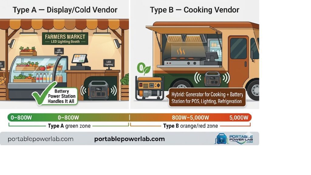 best Portable Power Station for a Food Truck
Two Types of Outdoor Vendor — Two Power Solutions"
Content: A split-panel illustration. Left panel: "Type A — Display/Cold Vendor" showing a farmers market booth with a refrigerated display case, tablet POS, LED lighting, and a portable power station quietly running everything. Green checkmark: "Battery Power Station Handles It All." Right panel: "Type B — Cooking Vendor" showing a food truck with a griddle + a portable power station handling the secondary systems. Label: "Hybrid: Generator for Cooking + Battery Station for POS, Lighting, Refrigeration." Include a wattage scale bar at the bottom showing where each vendor type sits (0–800W = Type A green zone; 800W–5,000W = Type B orange/red zone)
