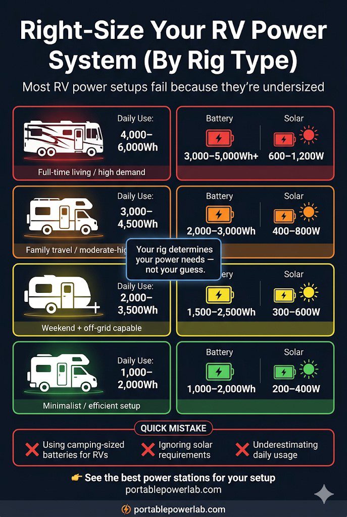  A four-panel rig type comparison table showing Class A, Class C, Travel Trailer, and Cargo Van side by side — each with typical daily Wh consumption, recommended minimum battery capacity, and recommended solar array. Use a visual icon for each rig type, color-coded from highest (red) to lowest (green) consumption. Title: "Right-Sizing Your RV Power System by Rig Type." This is a highly shareable visual that helps readers immediately identify their category and drives them toward the specific product recommendations.