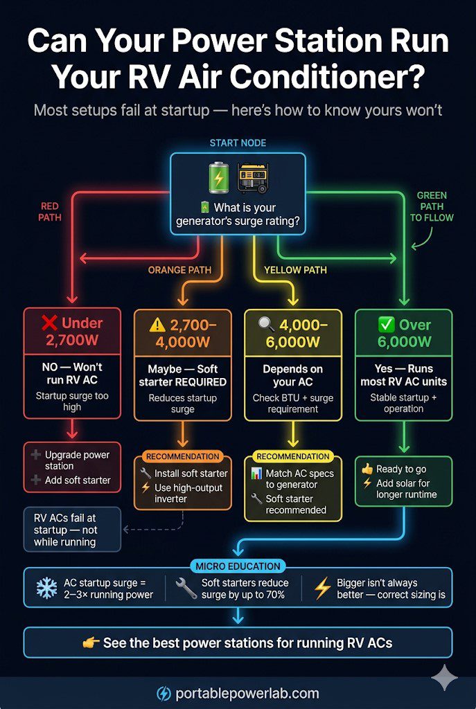  A visual decision tree titled "Can Your Power Station Run Your RV Air Conditioner?" Starting question: "What is your generator's surge rating?" Branch to: Under 2,700W → No (replace or add soft starter); 2,700–4,000W → Soft starter recommended; Over 4,000W → Check your AC's BTU surge requirement; Over 6,000W → Yes, most RV ACs. Color-coded flowchart with product recommendations at each terminal node. This graphic is highly shareable and directly answers the most-searched RV power question.