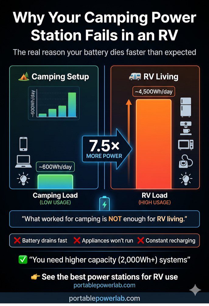 best portable power station for rv
a visual comparison of a camping load profile (phones, laptop, lights = 600Wh/day) versus an RV load profile (fridge, microwave, coffee, CPAP, lights = 4,500Wh/day). Use a split-panel bar chart with the RV side showing 7.5× the consumption. Title: "Why Your Camping Power Station Fails in an RV." This single visual demonstrates to readers instantly why they need to size up — driving them toward the higher-ticket product recommendations below.