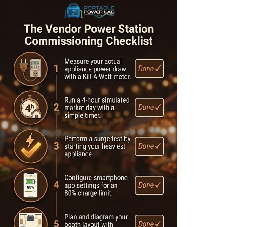 The Vendor Power Station Commissioning Checklist" Content: A numbered 5-step vertical checklist with icons. Step 1: Kill-A-Watt meter measuring appliance (icon: plug + meter). Step 2: Timer showing 4-hour home simulation (icon: stopwatch + house). Step 3: Surge test indicator (icon: lightning bolt + checkmark). Step 4: Smartphone showing app settings at 80% charge limit (icon: phone + battery). Step 5: Booth layout diagram with cable run (icon: floor plan + power station).