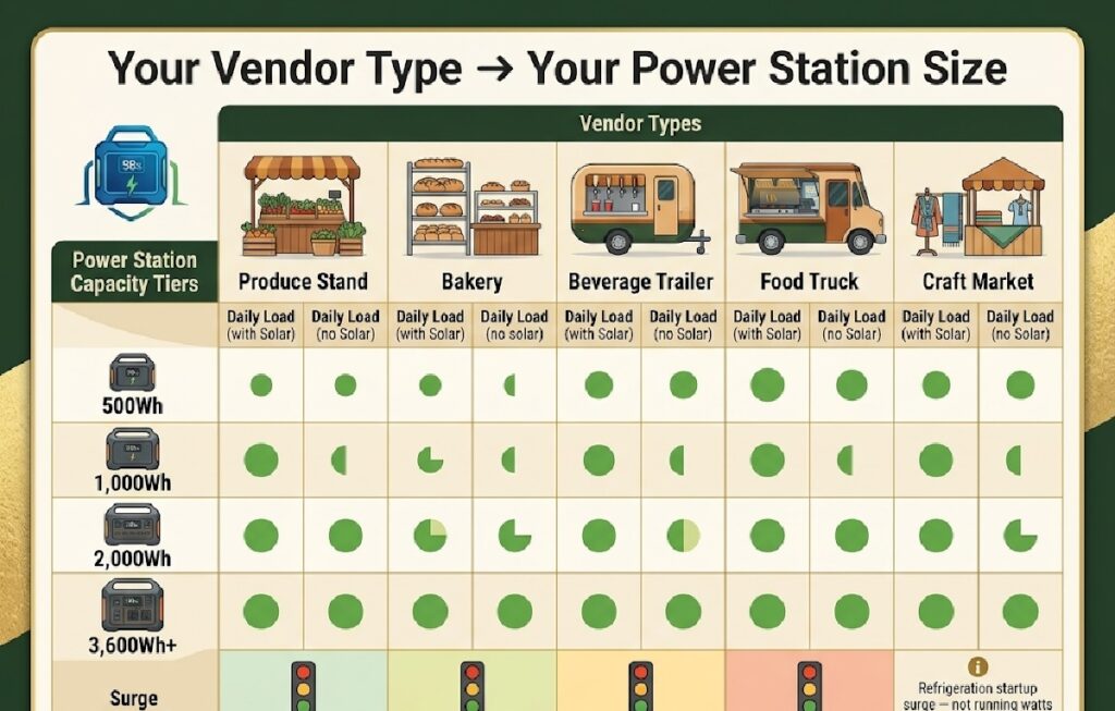Your Vendor Type → Your Power Station Size" Content: A visual matrix with 5 vendor type icons across the top (produce stand, bakery, beverage trailer, food truck, craft market). Down the left column: four power station capacity tiers (500Wh, 1,000Wh, 2,000Wh, 3,600Wh+). Use green filled circles to show which tier covers each vendor type's daily load, with and without solar. A secondary row shows "Surge Required" with red/yellow/green indicators for each vendor type. Include a note: "Refrigeration startup surge — not running watts — determines minimum viable surge rating