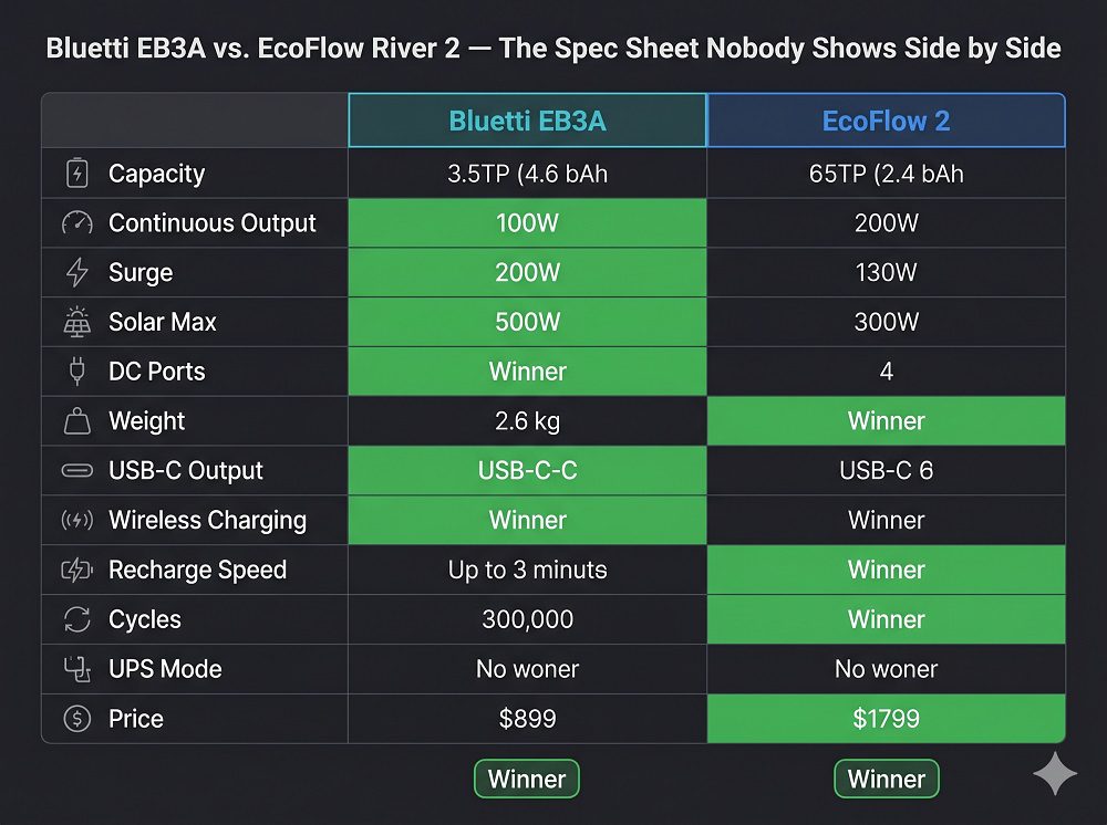 Bluetti EB3A VS Ecoflow River 2 infographics