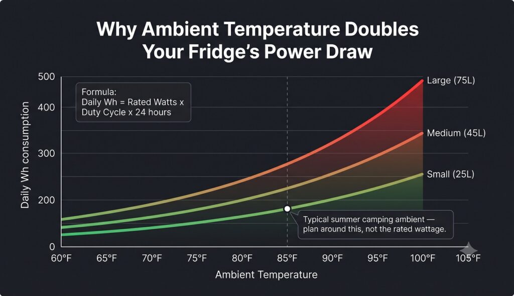 why ambient temperature doubles your fridge power draw infographics - the best 12v portable fridge for camping