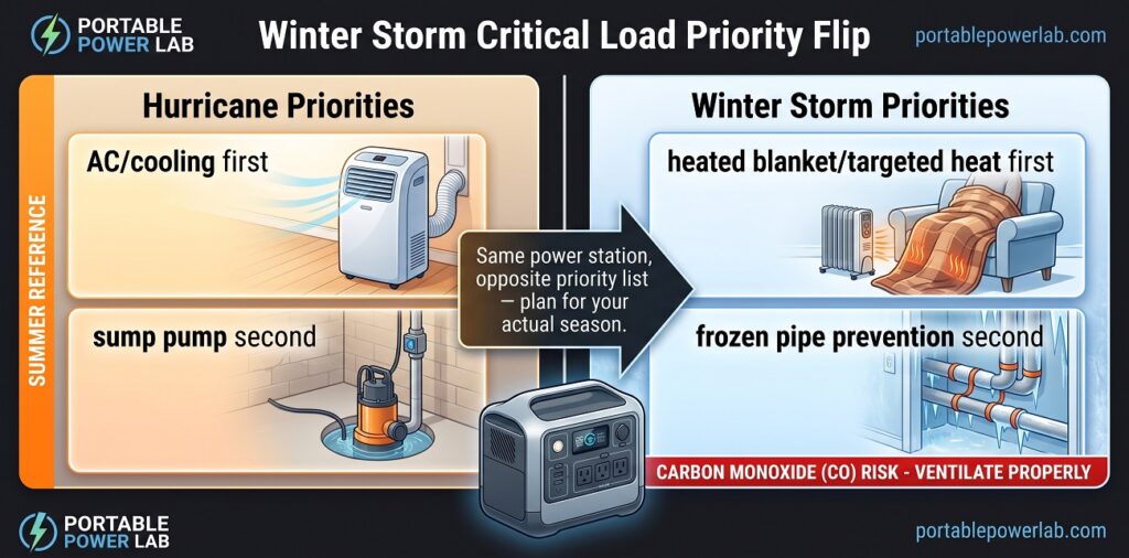 Winter Storm Critical Load Priority Flip" Content: A before/after comparison mirroring the hurricane guide's structure but inverted. Left panel "Hurricane Priorities": AC/cooling first, sump pump second. Right panel "Winter Storm Priorities