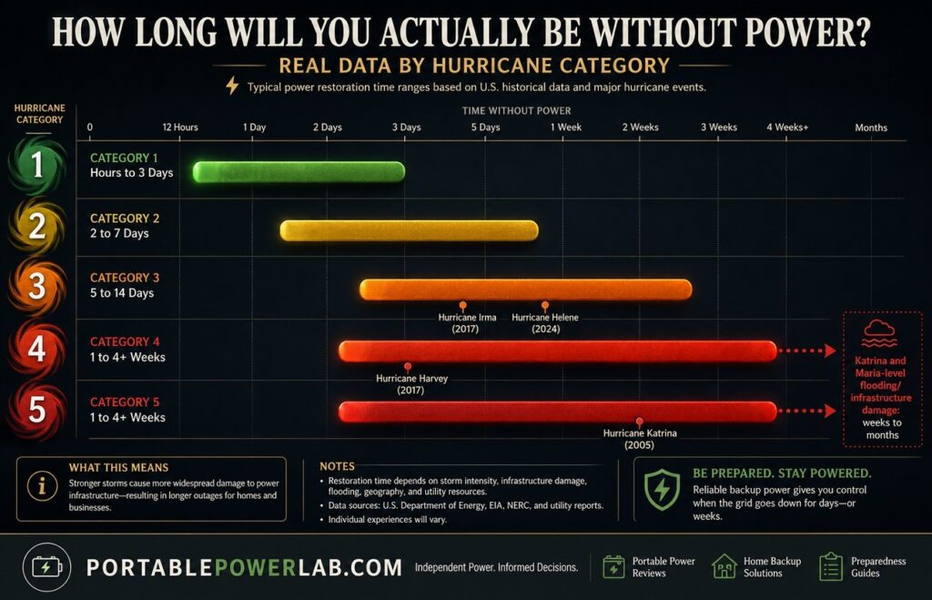 hurricane power outage preparedness Real Data by Hurricane Category" Content: A horizontal timeline/range-bar chart. Y-axis lists hurricane categories 1 through 5. Each row shows a colored range bar for typical restoration time — Category 1: hours to 3 days (green). Category 2: 2-7 days (yellow). Category 3: 5-14 days (orange). Category 4-5: 1-4+ weeks (red), with a dotted extension noting "Katrina and Maria-level flooding/infrastructure damage: weeks to months" at the far right edge infographic