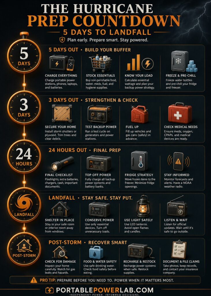 the hurricane prep countdown - 5 days to landfall all you need to do in planning for power and others infographic