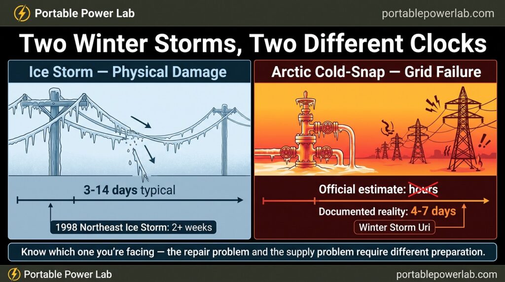 winter storm power outage preparedness A split-panel comparison. Left panel: "Ice Storm — Physical Damage" with an icon of an ice-coated power line snapping, timeline showing 3-14 days typical